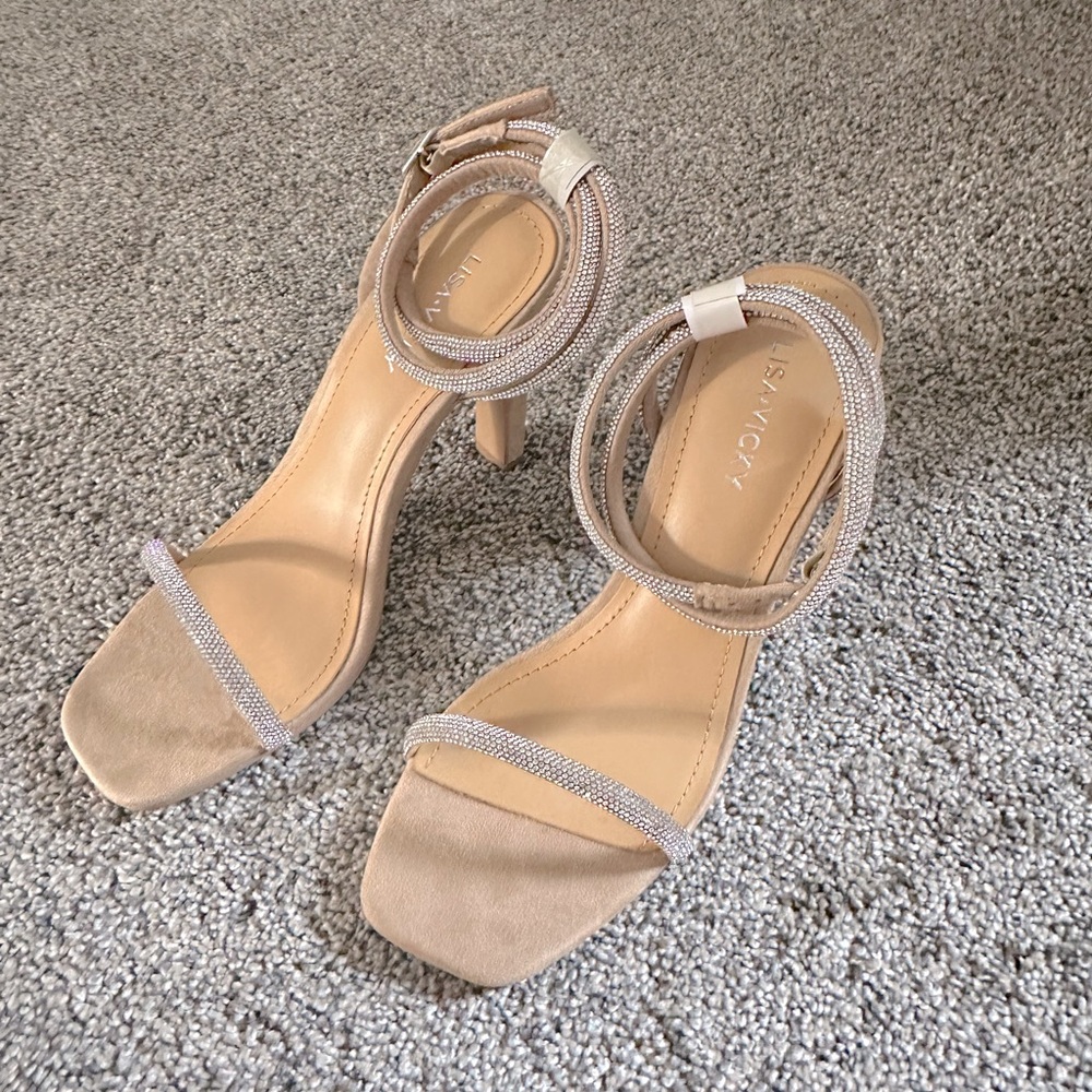 Anivacy Beige Rhinestone Strap Heeled Sandals